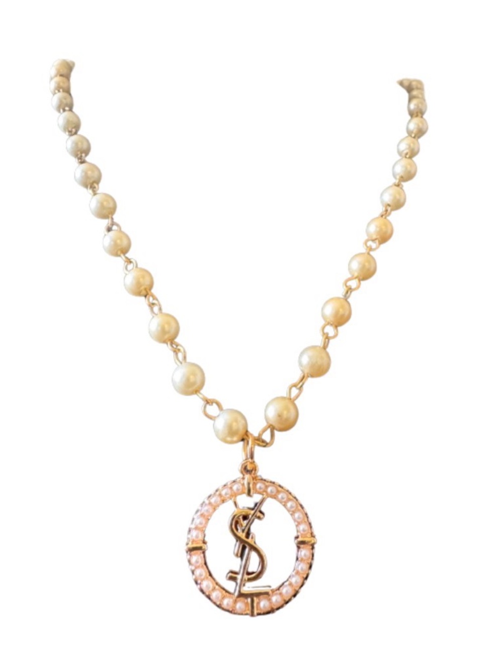 Upcycled YSL Charm on Vintage Faux Pearls